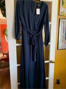 Navy Long Sleeve Wrap Maxi Dress